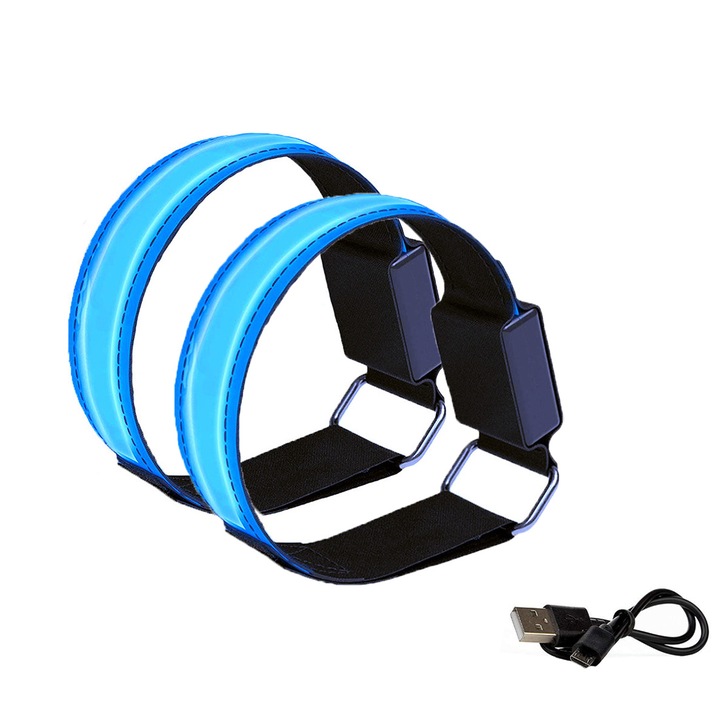 Bratara reflectorizanta pentru alergare, reglabila, albastra, cu incarcare USB, reflector LED intermitent pentru siguranta in intuneric, accesoriu pentru alergare cadou pentru barbati, femei, animale de companie