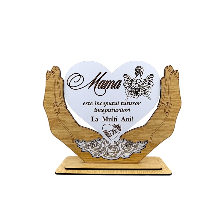 Decoratiune tablou Inima in palme, personalizat cu mesaj standard pentru Mama, "Mama este inceputul tuturor inceputurilor!" dimensiune 20x15cm, alb