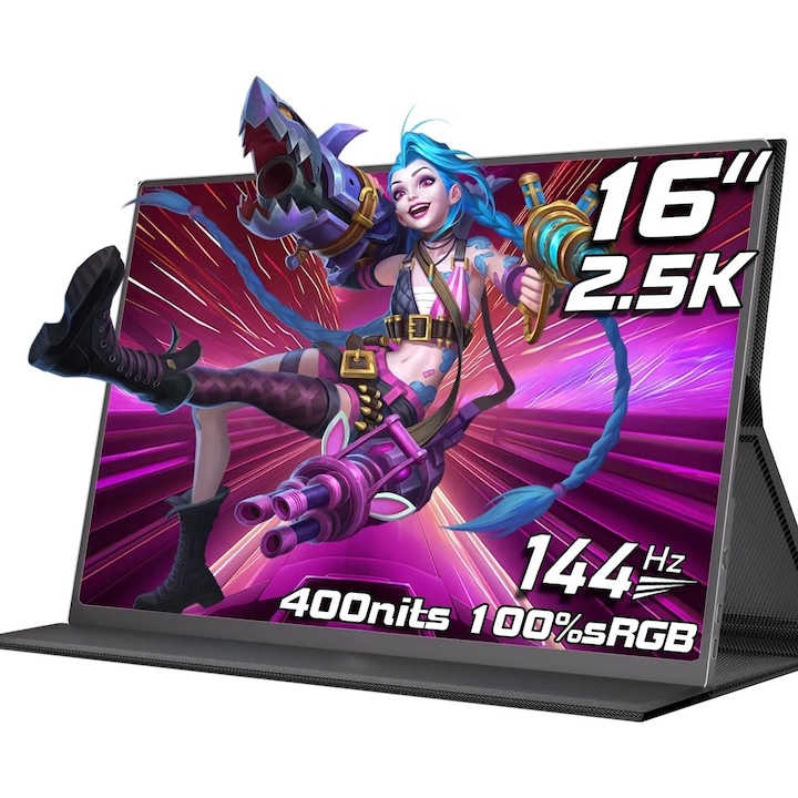 Wufk 16 hüvelykes hordozható monitor, 2,5K QHD, 144 Hz-es frissítési gyakoriság, ADS IPS, széles látószög, 100% sRGB, fényerő 350 cd/m², kontraszt 1200:1, WLED technológia