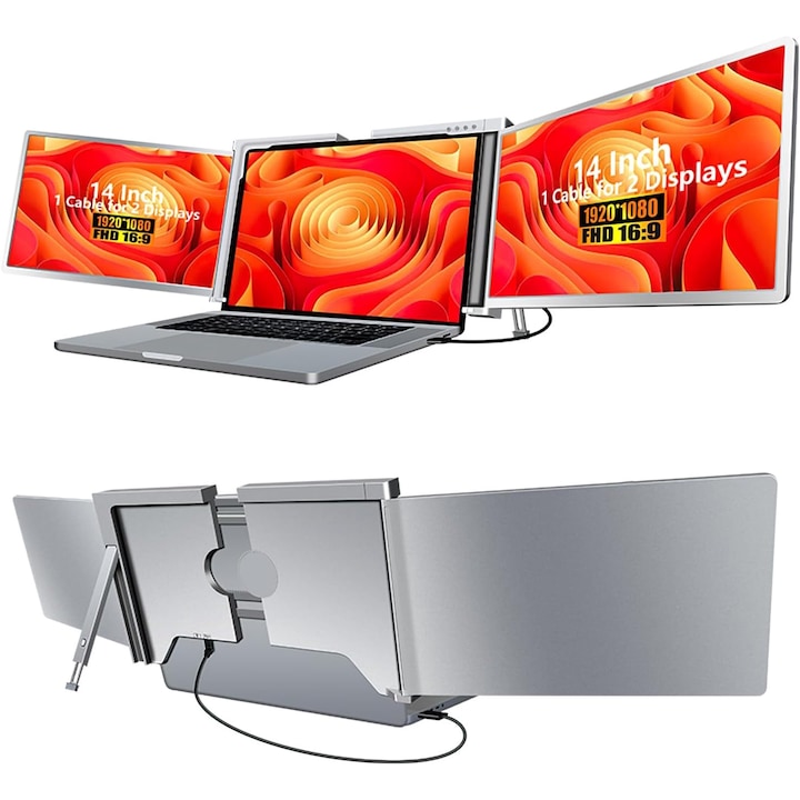 Wufk Tri-Screen Pro – Hordozható monitor, 14" FHD 1920x1080, 60Hz, 16:9 képarány, 1000:1 kontraszt, kompatibilis a 13"-16" laptopokkal, ideális a hatékony többfeladatos munkavégzéshez