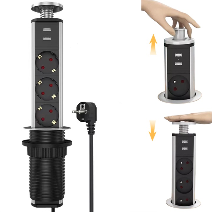Гнездо Tower, вградено в кухненски плот, маса или бюро, 4 гнезда Schuko и 2 USB гнезда с вградено зарядно, вградено, дължина на кабела 1,8 м, сребристо покритие