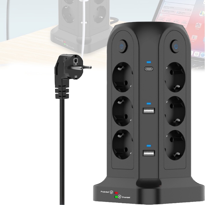 Удължителен кабел за кула, 12 изхода, 4 x USB-A, 2Type-C, защита от пренапрежение, бутон ON/OFF, 50V-440V