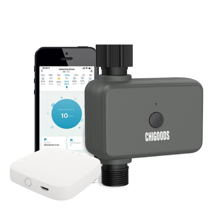 Програматор за поливане, CHIGOODS, 1 изхода, Gateway, Tuya Smart Life, Bluetooth, интелигентност, LED, IP55, съвместим Amazon Alexa/Google Assistant, черен
