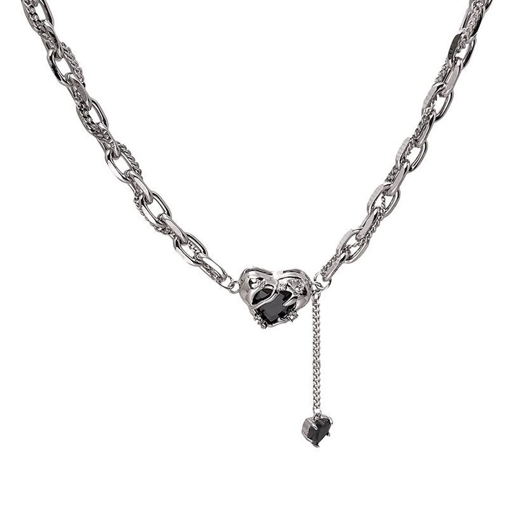 Colier Stylish Black Silver Love Heart, inima neagra, otel titan, unisex