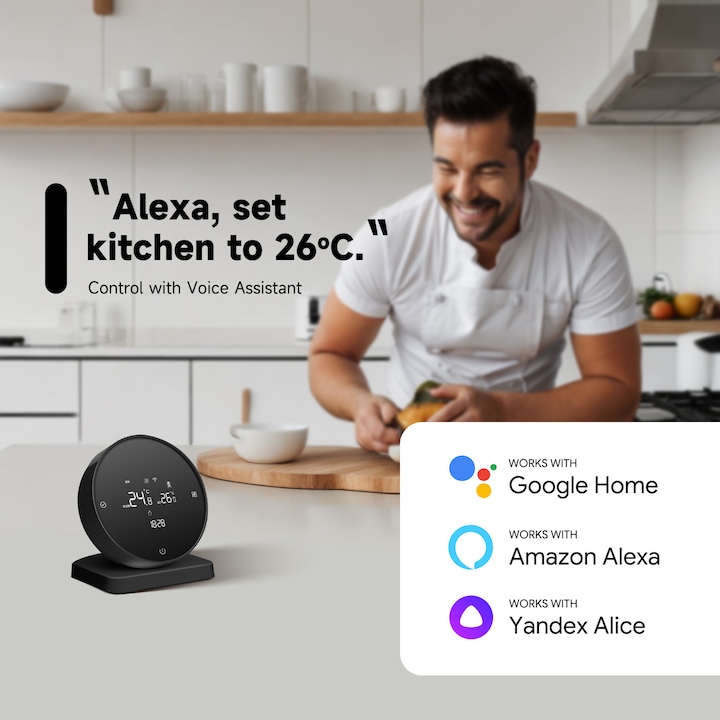 Intelligens szobatermosztát, WiFi, RF vezeték nélküli, interneten/telefonon keresztül vezérelhető, bármilyen fűtőegységgel kompatibilis, programozható, vevőegység mellékelve, Tuya / Google Home / Alexa, ajándék 2 db nedvességmérő, fekete