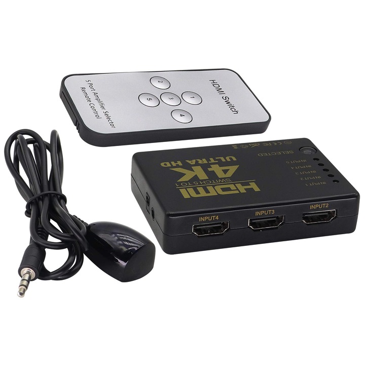 Switch HDMI, 5in1 Out, Comutator HDMI1.4, cu telecomanda IR 4K Smart 5 porturi cu sursa de alimentare, 1080P HD Video HDMI, pentru Digital HD TV cu interfete HDMI, Set-top Boxes, DVD si alte dispozitive