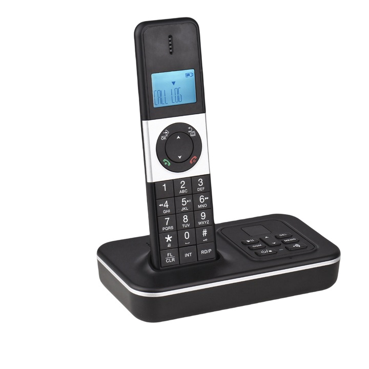 Vezeték nélküli telefon, több résztvevős hívás, 5 telefont támogat, hívóazonosító/szám tárolási/rögzítési funkció, fekete