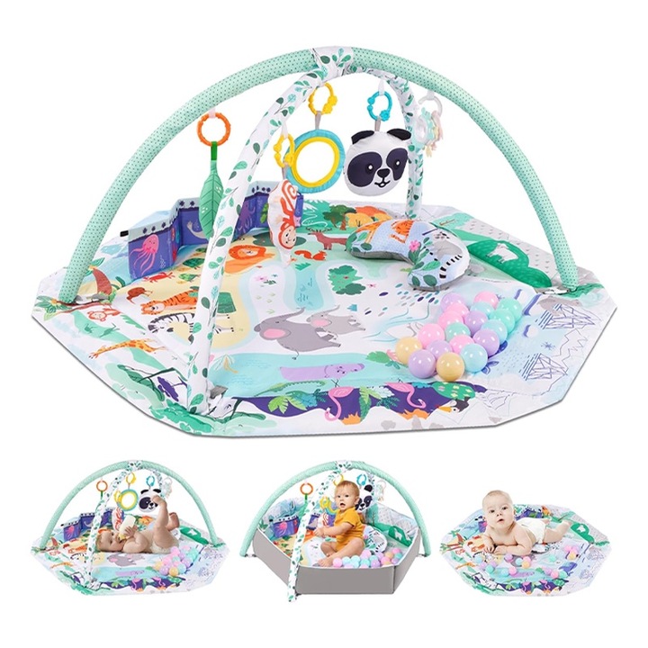 Centru de Activitati, Saltea si Tarc de Joaca, 4 in 1, Rqiurpn, Cu 6 jucarii senzoriale, Covor moale, Multifunctional, Multicolor