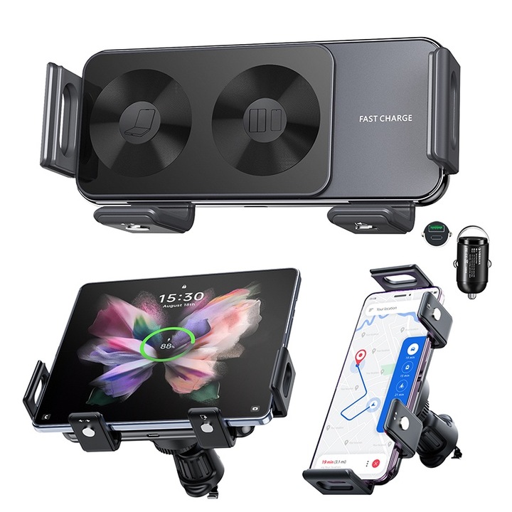 Suport telefon auto Fudisenn®, Brat Reglabil, ideal pentru Bord, Parbriz, Grila Ventilatie,2 x suporturi, 1 x cablu de alimentare, 1 x incarcator bricheta auto, 1 x incarcator auto wireless