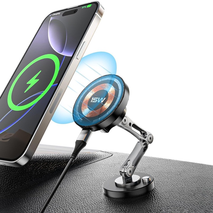 Suport auto magnetic pentru telefon Universal Fudisenn®, cu rotire 360⁰, Cu incarcare rapida, 15W, ajustabil orice directie si compatibil Compatibil cu toate dimensiunile de telefoane, Negru
