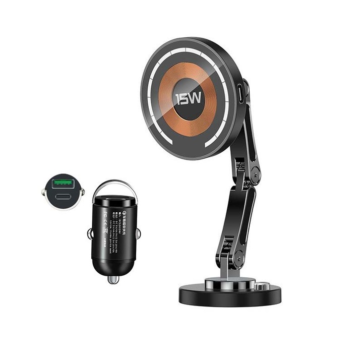 Mágneses mobiltelefon tartó, 15W gyors vezeték nélküli töltés, 360°-ban elforgatható, összecsukható, fekete