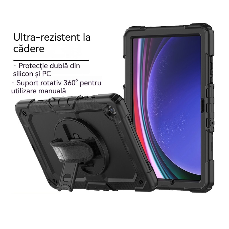 Husa Antisoc Cu Curea De Mana Pentru Samsung Galaxy Tab A9Plus De 11 inchi. (Model: (SM-X210/X216/X218), Fudisenn，Cu capac pentru stilou，Rotire La 360°, procesul de gofrare，Portabil， 2023 (Negru )，28x19x2,3cm