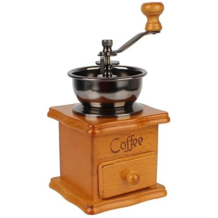 Дървена ръчна кафемелачка, ретро стил, керамична мелничка, дръжка от неръждаема стомана