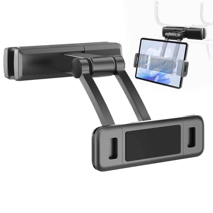 Autós fejtámla tartó tablethez és telefonhoz, Tablet tartó, Univerzális, 360°-ban állítható, Háromszög alakú szerkezet, Ideális gyerekeknek vagy felnőtteknek, Fekete