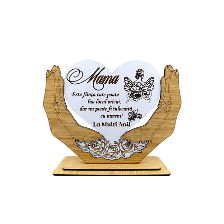Decoratiune tablou Inima in palme, personalizat cu mesaj standard pentru Mama, "Mama este fiinta care nu cere nimic, dar merita totul!" dimensiune 20x15cm, alb