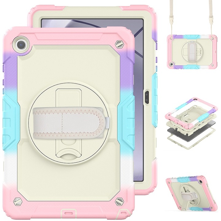 Husa Antisoc Cu Curea De Mana Pentru Samsung Galaxy Tab A9Plus De 11 inchi. (Model: (SM-X210/X216/X218), Fudisenn，Cu capac pentru stilou，Rotire La 360°, procesul de gofrare，Portabil， 2023 (roz )，28x19x2,3cm