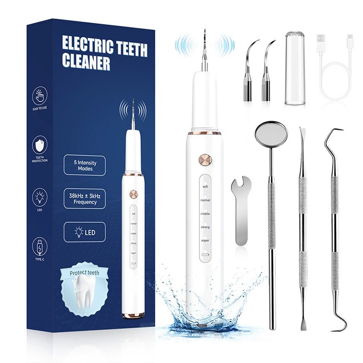 Fogkőeltávolító eszközkészlet, Rqiurpn, Smart Sonic Pro, LED-del, ultrahangos skálázó, vízálló, újratölthető akkumulátor, fehér