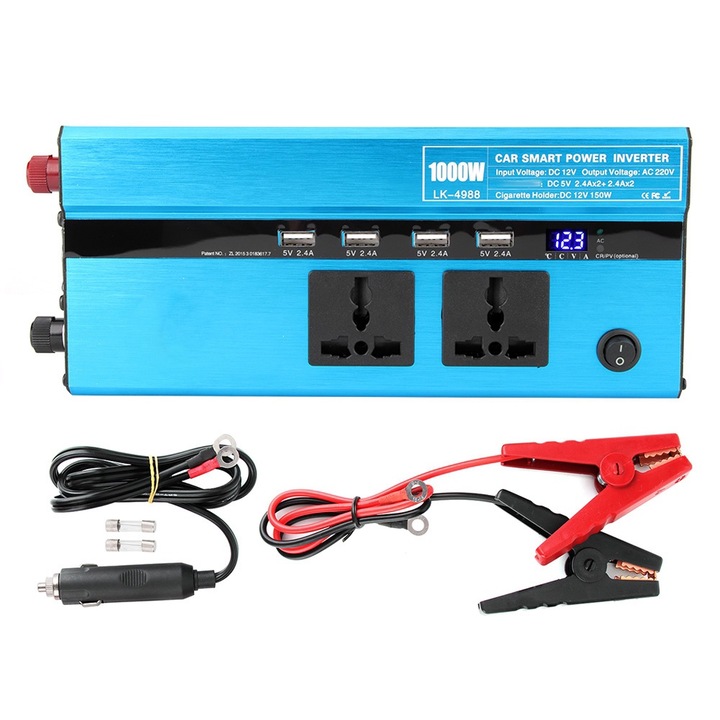 Bizaical 1000W autós inverter, 4 USB, 12V - 220V, alumínium, védelem