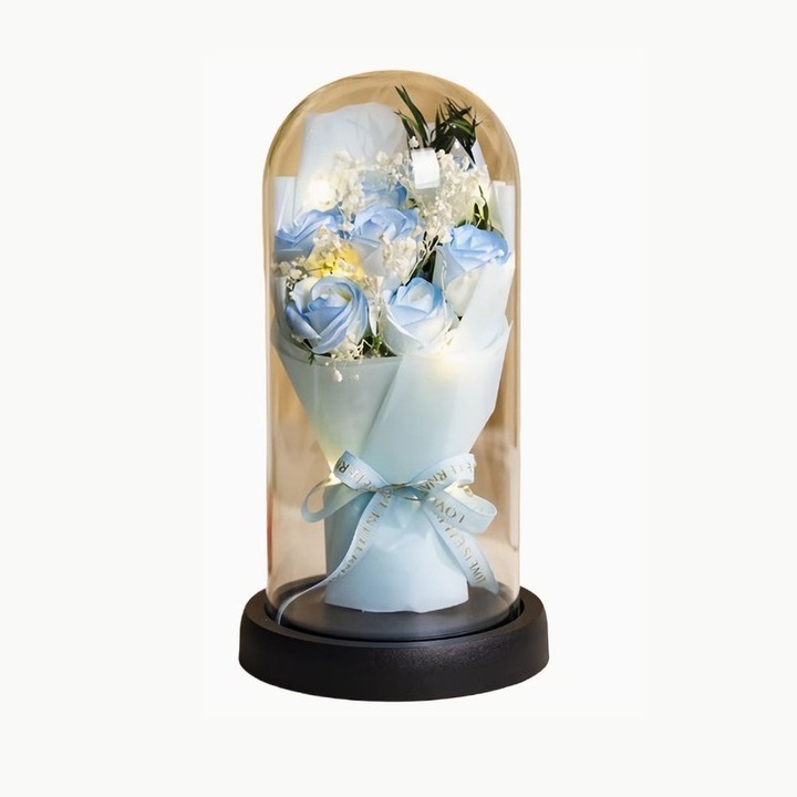 Buchet de flori din sapun cu LED, cadou elegant in dome de acril, albastru, aranjamente florale