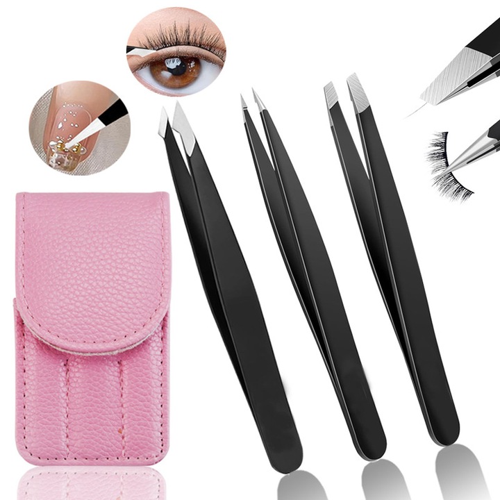 Set 3 Pensete Professionale pentru Sprancene, cu Dubla Functie | Otel Inoxidabil Anti-Rugina, Varfuri Precise | Usor de Folosit | Roz si Negru