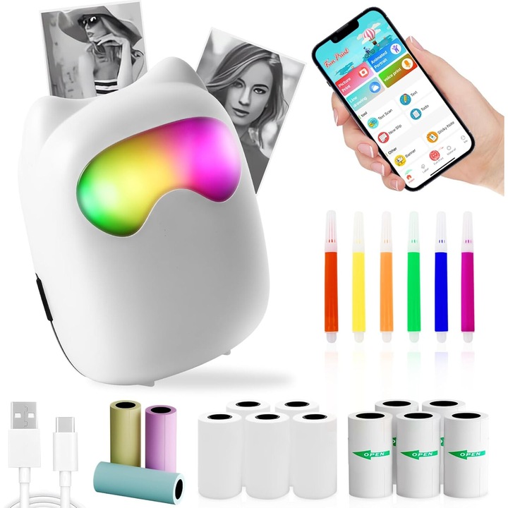 Imprimanta termica portabila, WALALLA, set cu 13 role de hartie, 5 pixuri colorate, Bluetooth, alb deschis