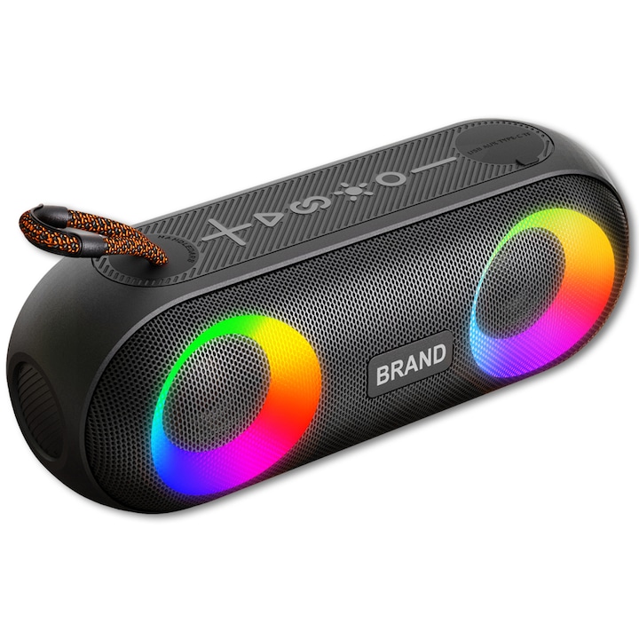 Преносим високоговорител Lurelia, Bluetooth 5.2, 20 W, С TWS, RGB околно осветление, Функция за повикване, Многоцветна светлина, IPX6 водоустойчив, С каишка за окачване, Подходящ за открито, Къмпинг, Плувен басейн, 222*86*86 мм, Черен