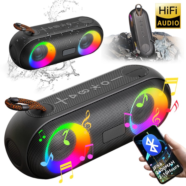 Boxa Bluetooth Wireless De 20W, Lurelia, Un subwoofer cu iluminare ambientala RGB, Sunet Stereo TWS, Functie De Apel, Lumina Multicolora, IPX6 Impermeabil, Cu Curea De Agatat, Potrivita Pentru Exterior, Camping, Piscina, 222*86*86MM, Negru