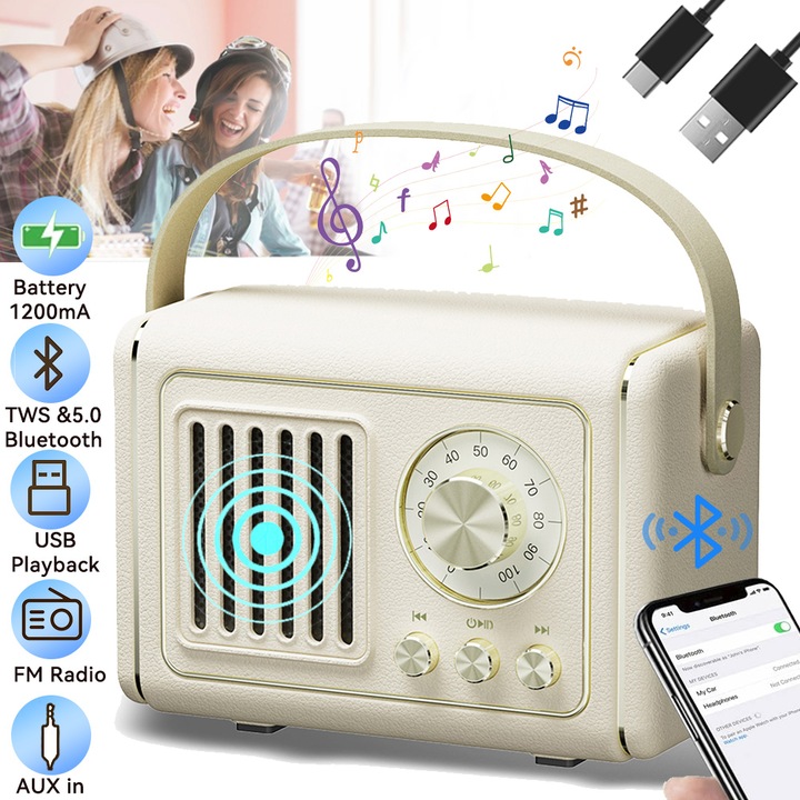 Boxa Bluetooth Retro, Lurelia, Mini Boxa Draguta Cu Radio FM, Boxa Wireless Portabila Cu TWS, Decor Retro, Sunet De Inalta Calitate, Potrivita Pentru Calatorii In Aer Liber, Cadou Pentru Fete, Adolescenti, Femei, 102*60*73mm, Bej