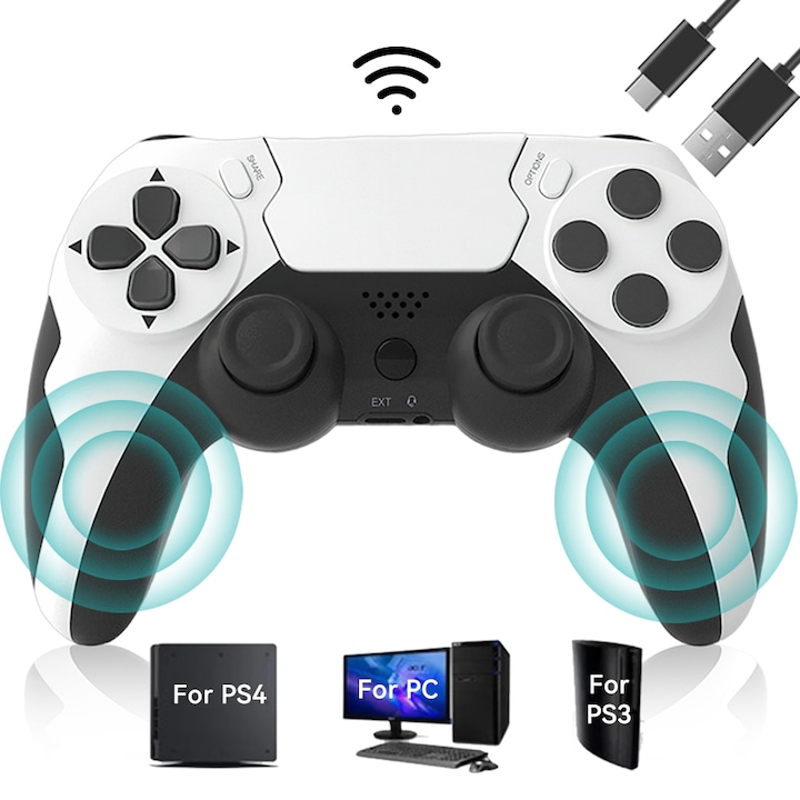 Controller Wireless PS4, Tressino, Compatibil Cu PS3/PS4/PS4 Pro/PS4 Slim/PC (Win7/8/10), Bluetooth 4.0, Vibratie Cu Doua Motoare, Joystick 360°Stanga-Dreapta, Suporta Jocuri Multiplayer, Alb