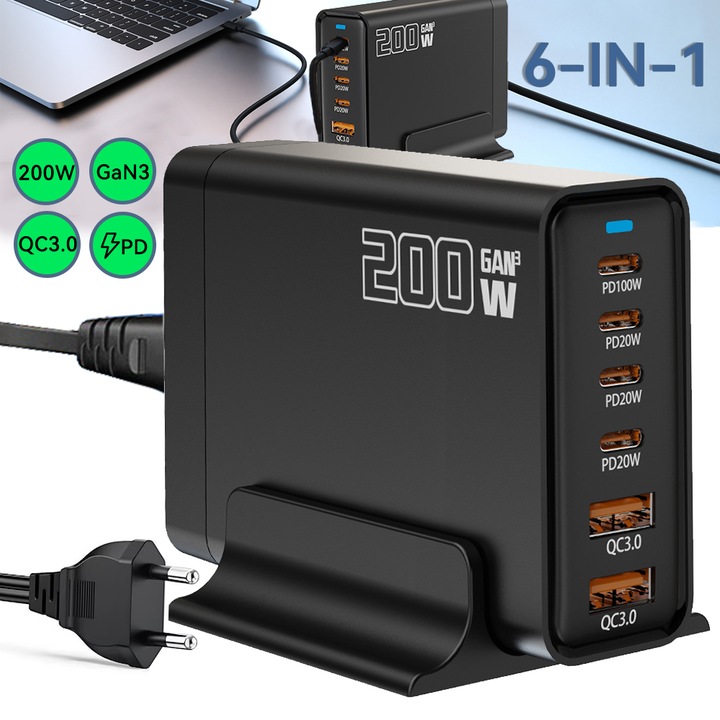 Töltőállomás 200W GaN3 6 portos, Tressino, 4 x USB-C, 2 x USB-A, QC3.0, PD, Túlfeszültség és túláram védelem, Gyors USB Type-C töltés okostelefonhoz, MacBook Pro-hoz, laptophoz, iPad-hez, Samsung Galaxy-hoz, iPhone-hoz, Switch-hez, DJI-hoz, Fémfekete