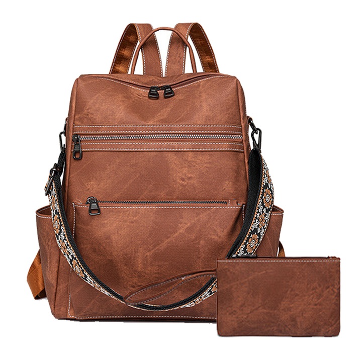Rucsac dama piele naturala, Tressino, set de rucsac multifunctional, rezistent la apa si uzura, material PU, multiple partitii pentru depozitare, cu curele de umar reglabile, umar dublu/portabil/umar unic, maro