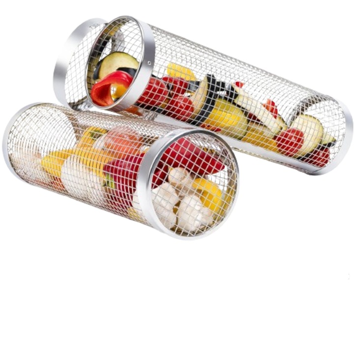 Guruló grillkosarak kültéri grillezéshez, rozsdamentes acélból készült guruló grillkosár BBQ-tartozékokkal és grill zöldségnyéllel ajándék férfiaknak, apának és férjnek születésnapjára (1 nagy + 1 kicsi + 2 villa + 2 horog)