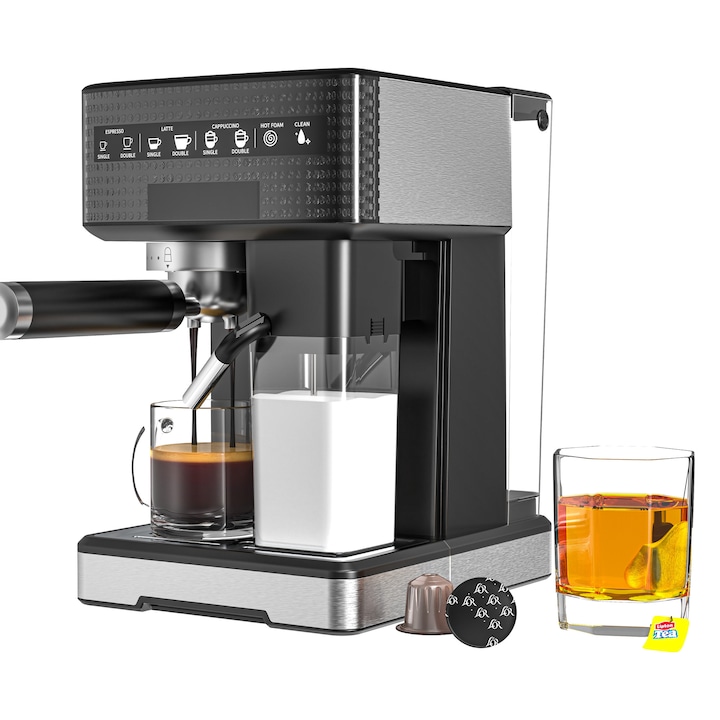 Masina de espresso manuala 3 in 1 Exploara seria TC51F+, Recomandari KOC, 1 atingere Latte/Cappuccino, volum personalizabil, eliberare automata a presiunii, preincalzire instantanee de 20 de secunde, ecran tactil, 1.7 litri, negru