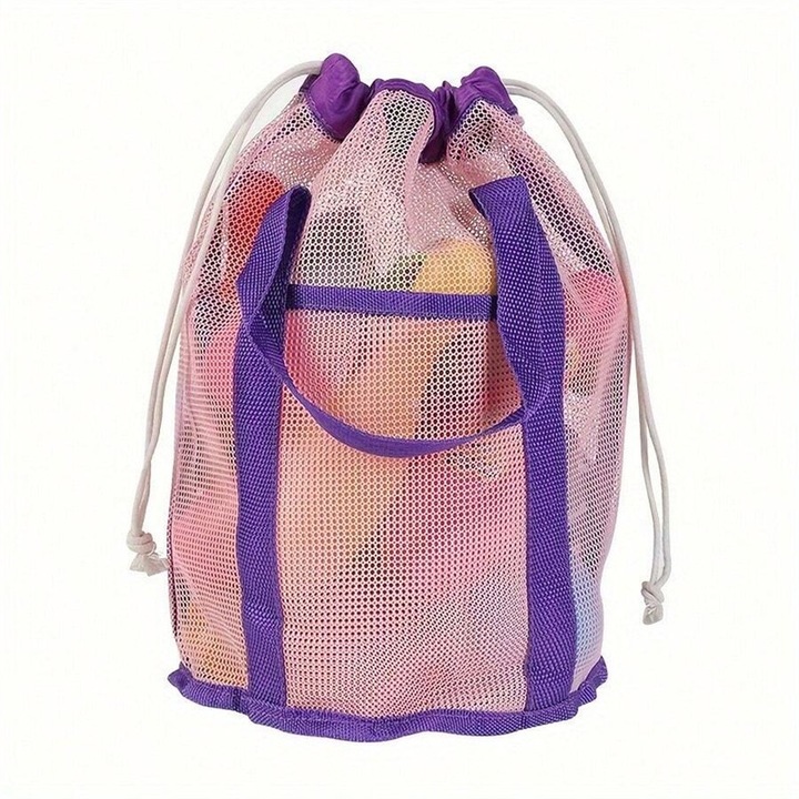 Nagyméretű hálós táska strandjátékokhoz, állítható pánttal, húzózsinórral záródó, rózsaszín