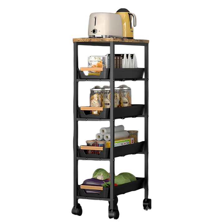 Suport cu 4 rafturi glisante, blat din MDF, cu roti, Neirini, Negru/Maro, 23.5 x 38 x 81.5 cm