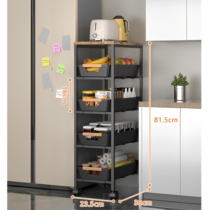 Suport cu 4 rafturi glisante, blat din MDF, cu roti, Neirini, Negru/Maro, 23.5 x 38 x 81.5 cm