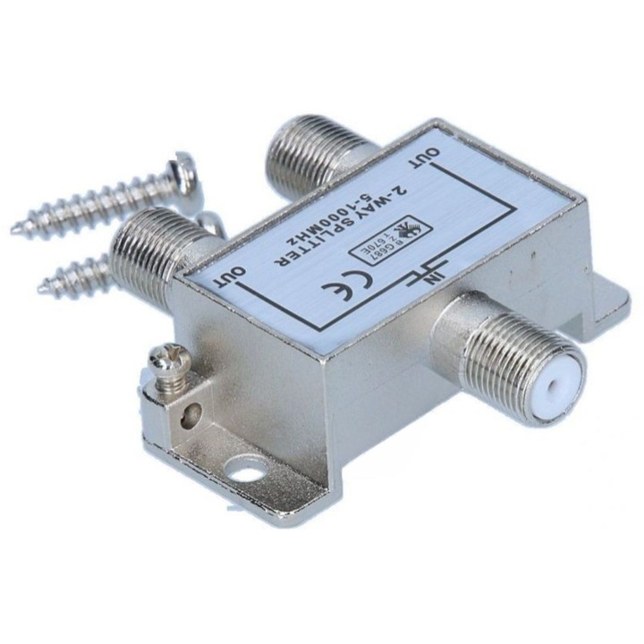 Splitter TV profesional e-SWC® pentru cablu coaxial, 2 iesiri, 5-1000 Mhz, metalic