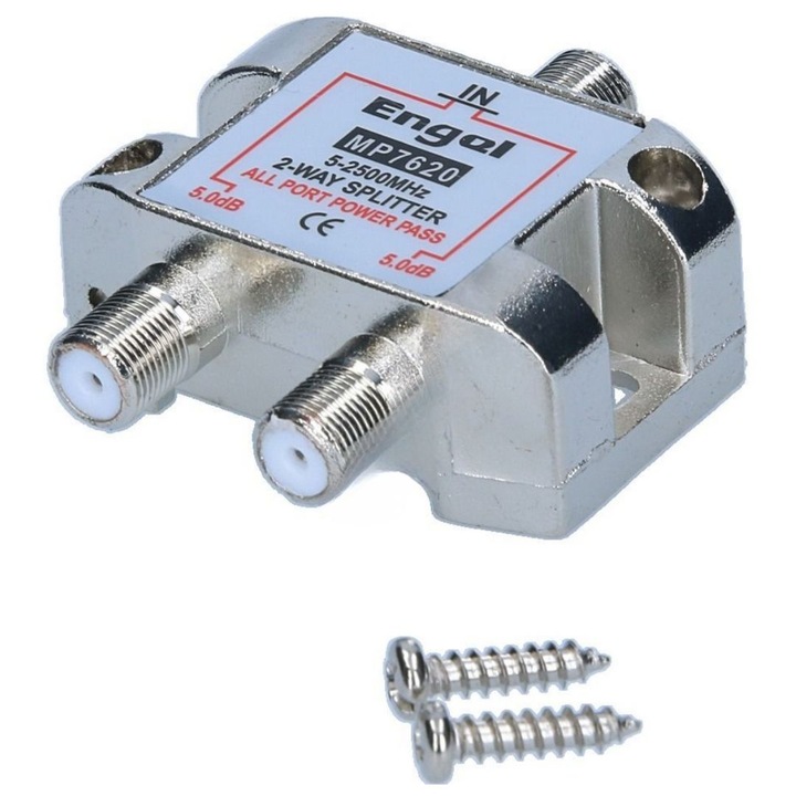 Splitter TV profesional e-SWC® pentru cablu coaxial, 2 iesiri, 5-2500 Mhz, metalic