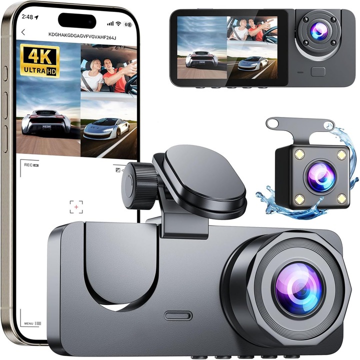 DVR камера за кола, С три камери, Wi-Fi, FULL HD 4K, 1080P, ъгъл 170°, Режим на паркиране, Сензор за движение, G-сензор, HDR технология, Циклично записване, Нощен изглед, 2 инчов екран