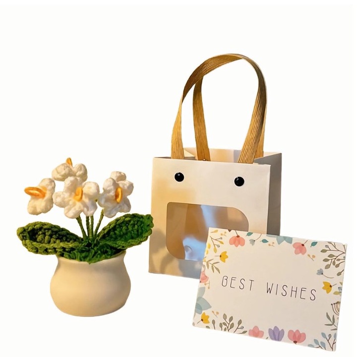 Vaza cu flori crosetate, set cadou, decor birou, multicolor, nu-ma-uita