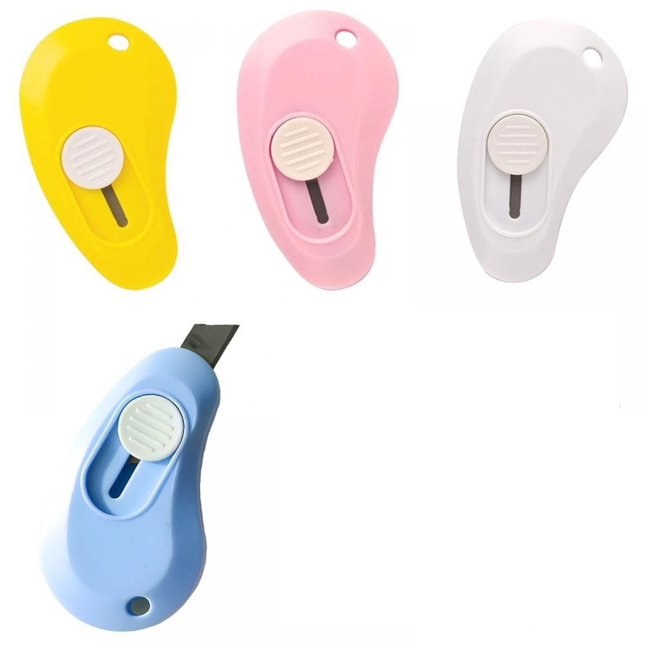 Set de 4 mini cutite utilitare retractabile, albastru, alb, galben, rosu, 6x3cm