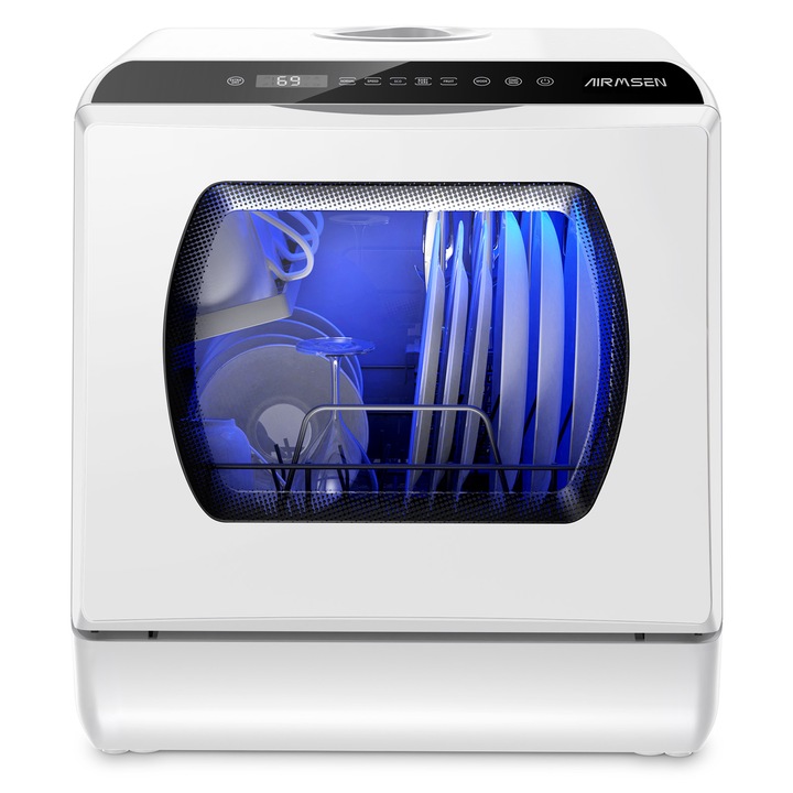 Masina de Spalat Vase Mini Compacta AIRMSEN – Portabila cu Rezervor de 5L, 6 Programe de Spalare, Uscare prin Aer & Ventilatie de 72 Ore, Perfecta pentru Bucatarii Mici, Alb