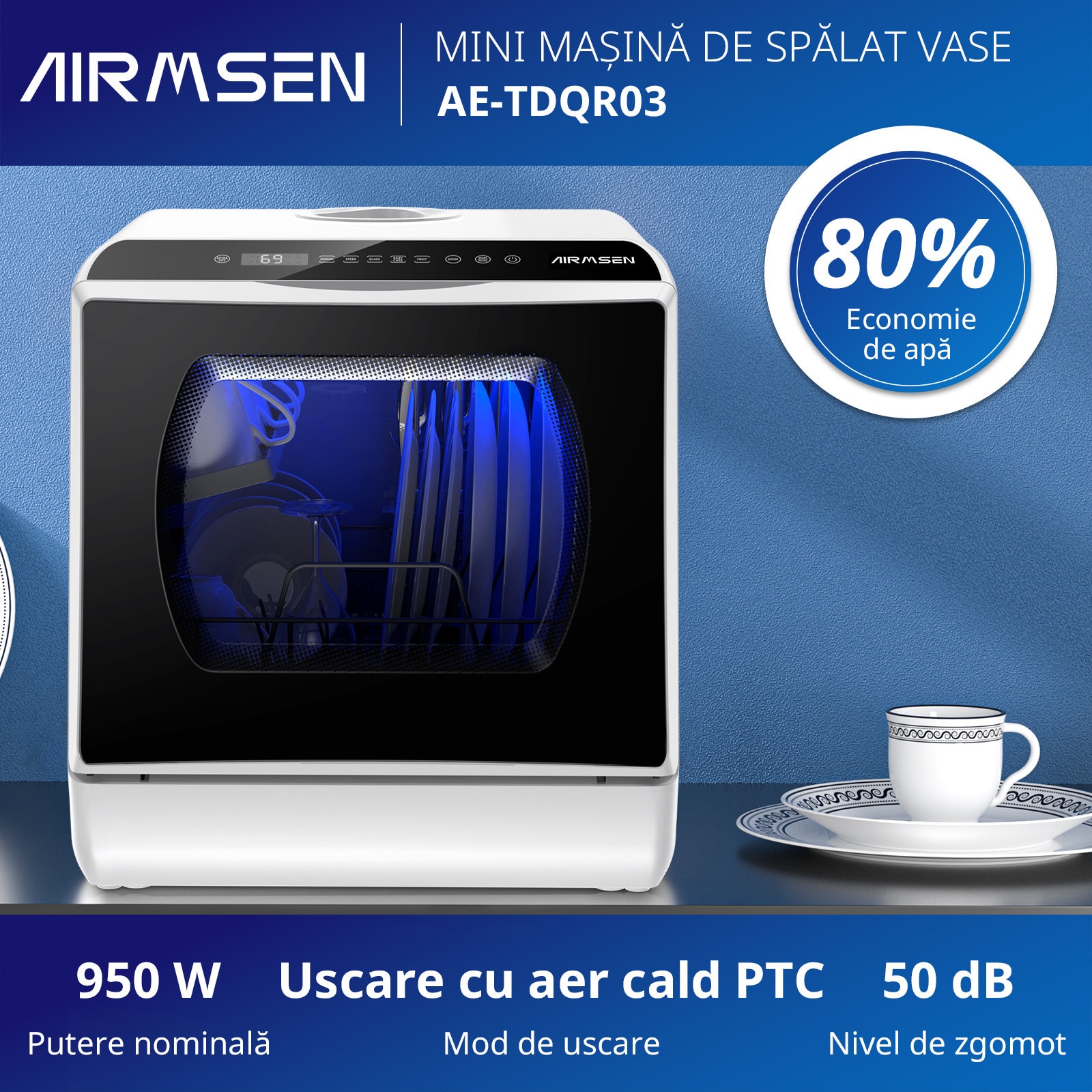Masina de spalat vase Mini Compacta AIRMSEN, Fara racordare, 5+1 Programe, Rezervor 5L, Ecran LED, Ideala pentru Apartament/Camping, Alb/Negru