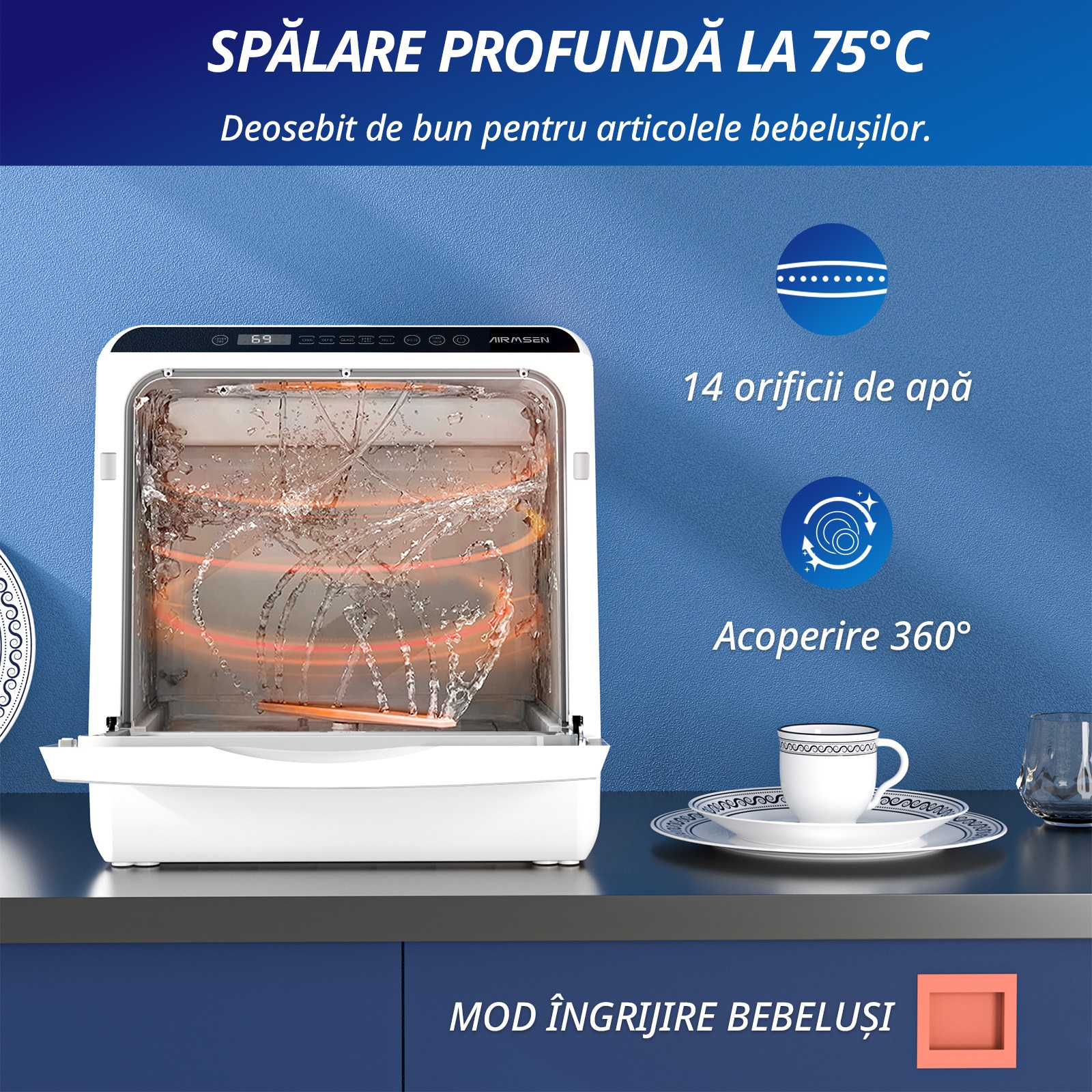 Masina de spalat vase Mini Compacta AIRMSEN, Fara racordare, 5+1 Programe, Rezervor 5L, Ecran LED, Ideala pentru Apartament/Camping, Alb/Negru