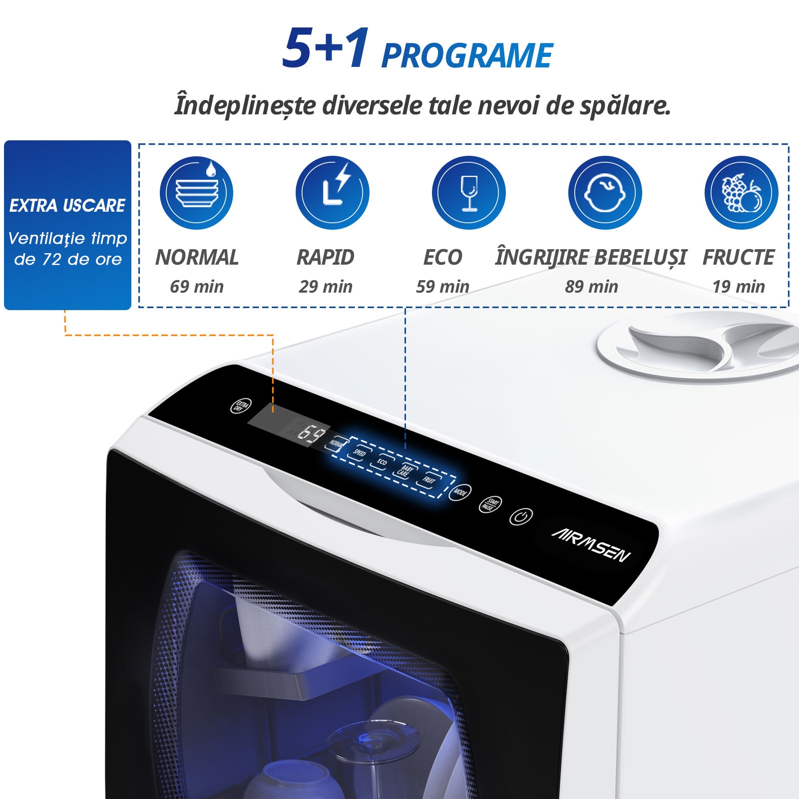 Masina de spalat vase Mini Compacta AIRMSEN, Fara racordare, 5+1 Programe, Rezervor 5L, Ecran LED, Ideala pentru Apartament/Camping, Alb/Negru
