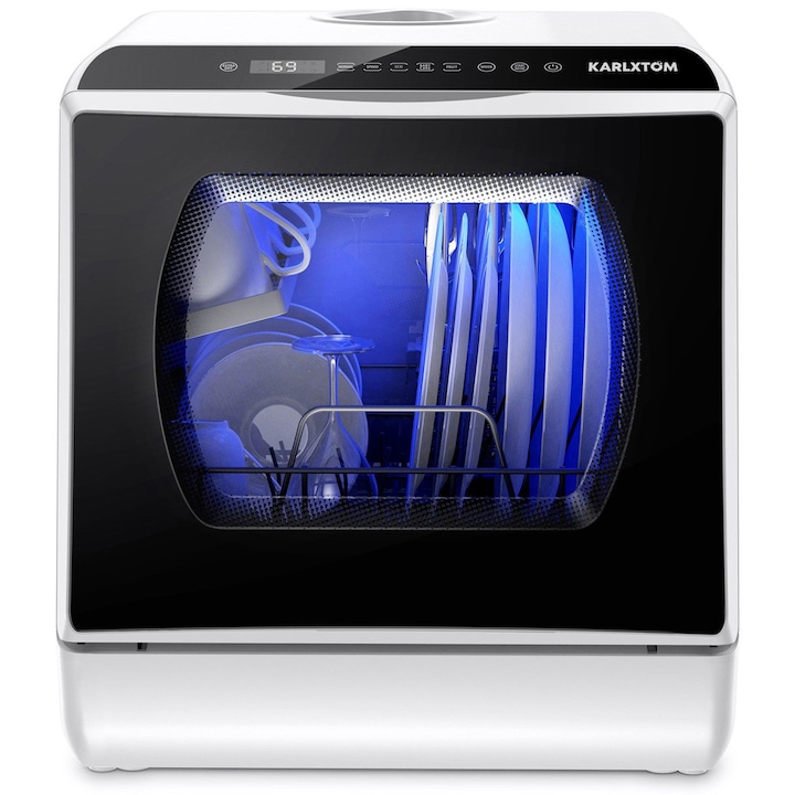 Masina de Spalat Vase Mini Compacta KARLXTOM – Portabila cu Rezervor de 5L, 6 Programe de Spalare, Uscare prin Aer & Ventilatie de 72 Ore, Perfecta pentru Bucatarii Mici, Alb/Negru