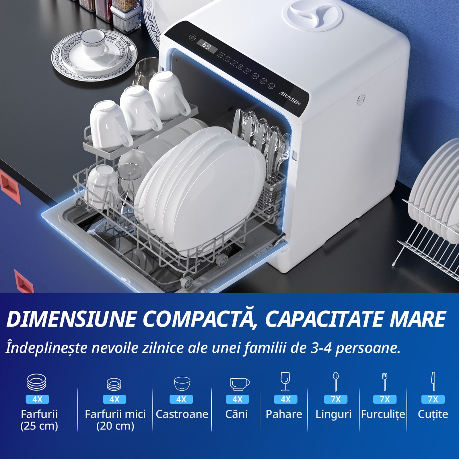 Masina de spalat vase Mini Compacta AIRMSEN, Fara racordare, 5+1 Programe, Rezervor 5L, Ecran LED, Ideala pentru Apartament/Camping, Alb/Negru
