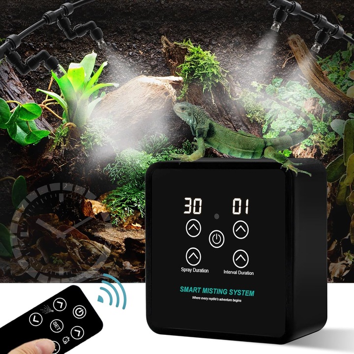 Reptile Spray párásító, WALALLA, intelligens rendszer 360°-ban forgatható fúvókával, fekete, 0,7 kg