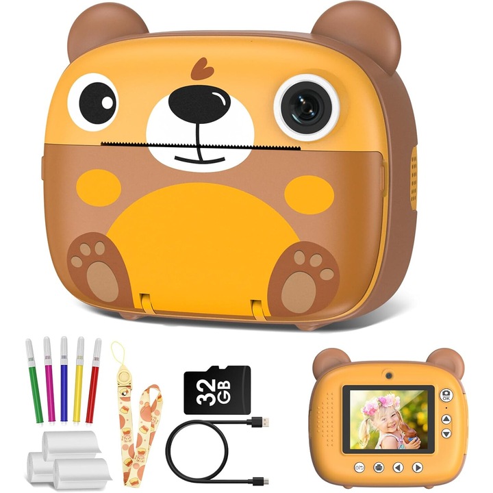 Цифров фотоапарат за деца, WALALLA, функция моментален печат, 12MP, 1080P, 2.0 инча, кафяв цвят, пълен комплект