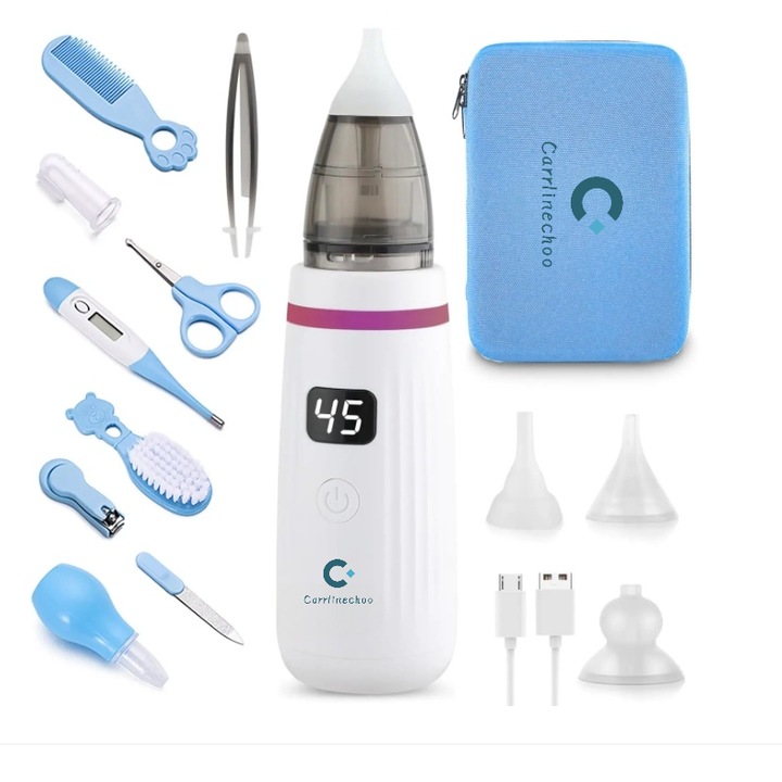 Aspirator Nazal Electric carrlinechoo pentru Copii si Bebelusi, Silentios, Baterie Reincarcabila, Putere Aspirare 65 kPa, 5 Viteze, Cablu USB, 3 Capete de Silicon, Termometru, Geanta de Voiaj, Pipeta si Trusa Completa, 14 Accesorii Incluse